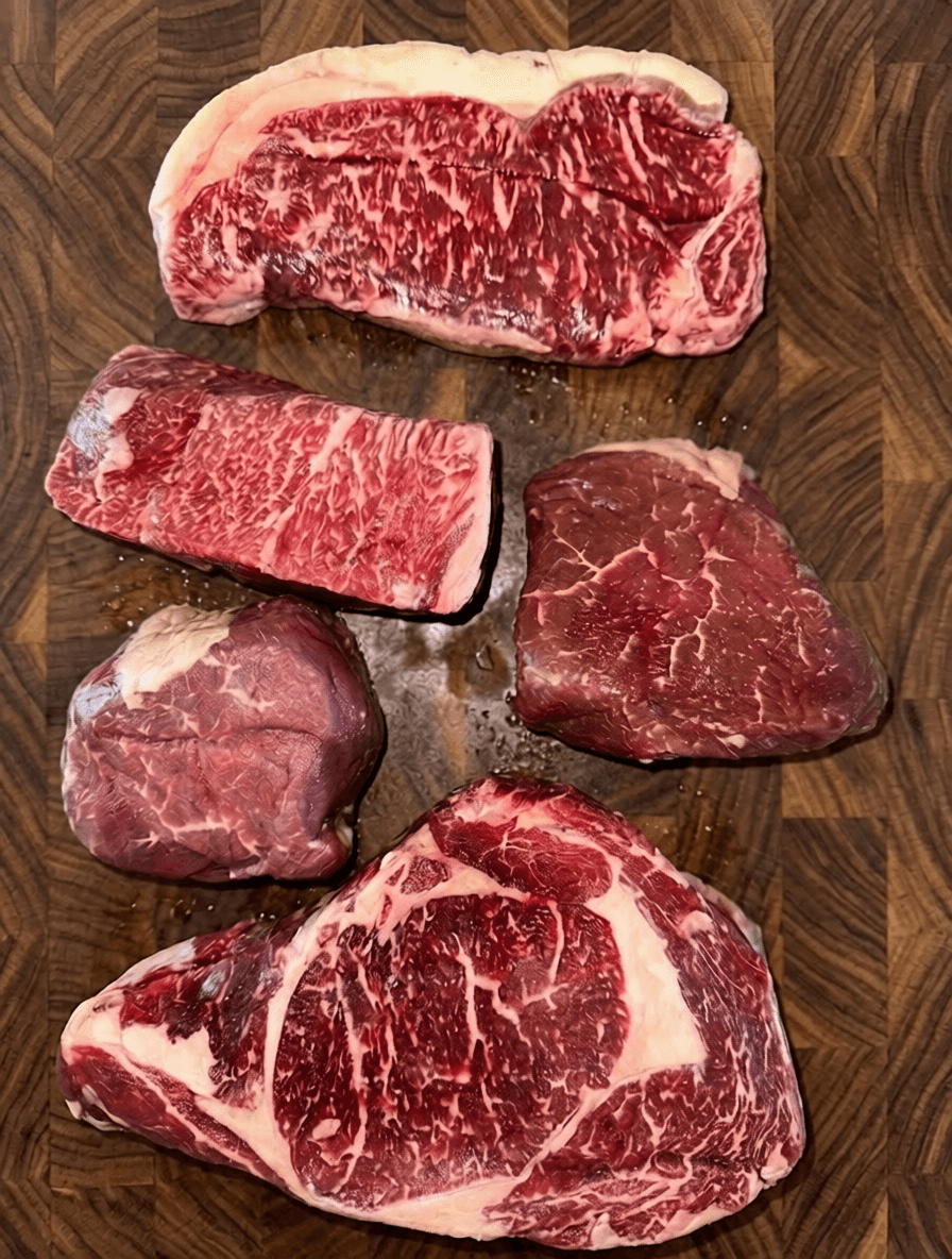 Premium marbled Montana wagyu cuts on a wooden butcher block
